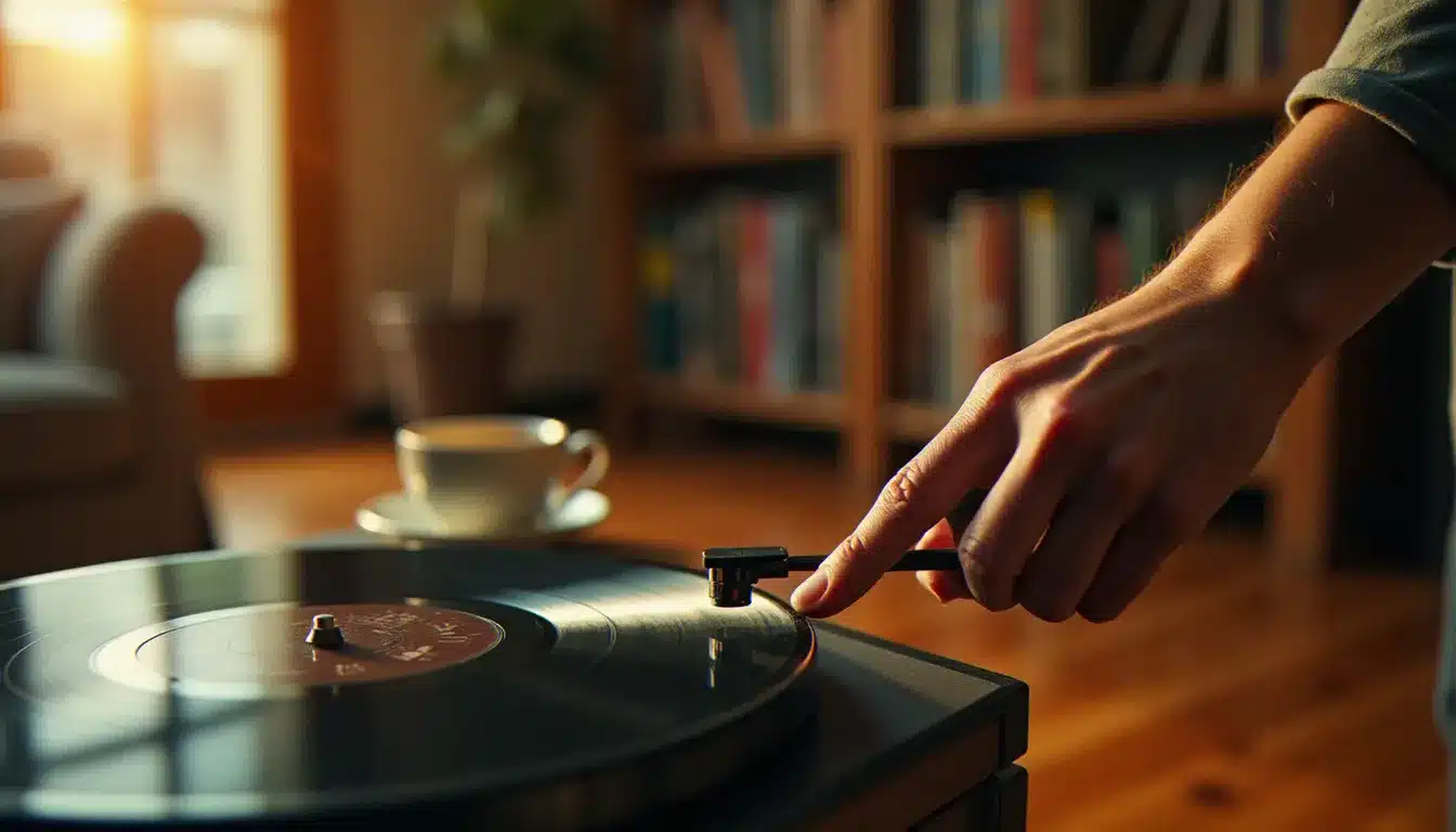 Mains tenant un vinyle dans une atmosphère chaleureuse et nostalgique, symbolisant les effets de la musique et de la nostalgie sur la santé émotionnelle