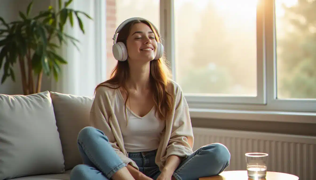 Femme avec casque audio écoutant de la musique pour son bien-être émotionnel, en lien avec santé Sansone edit somebody that i used to know