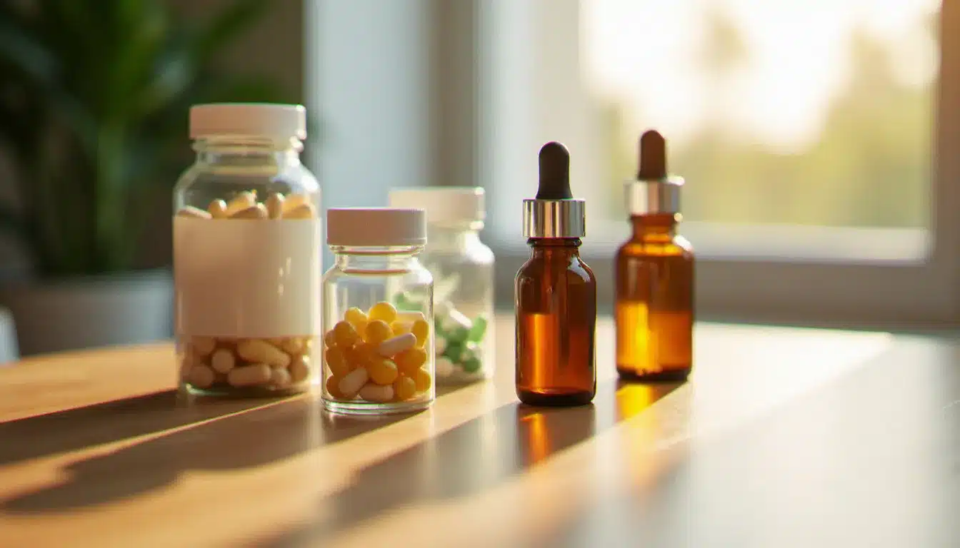 Compléments alimentaires magnésium, vitamine D et fer sur une table en bois, solutions courantes pour retrouver sa vitalité et son énergie