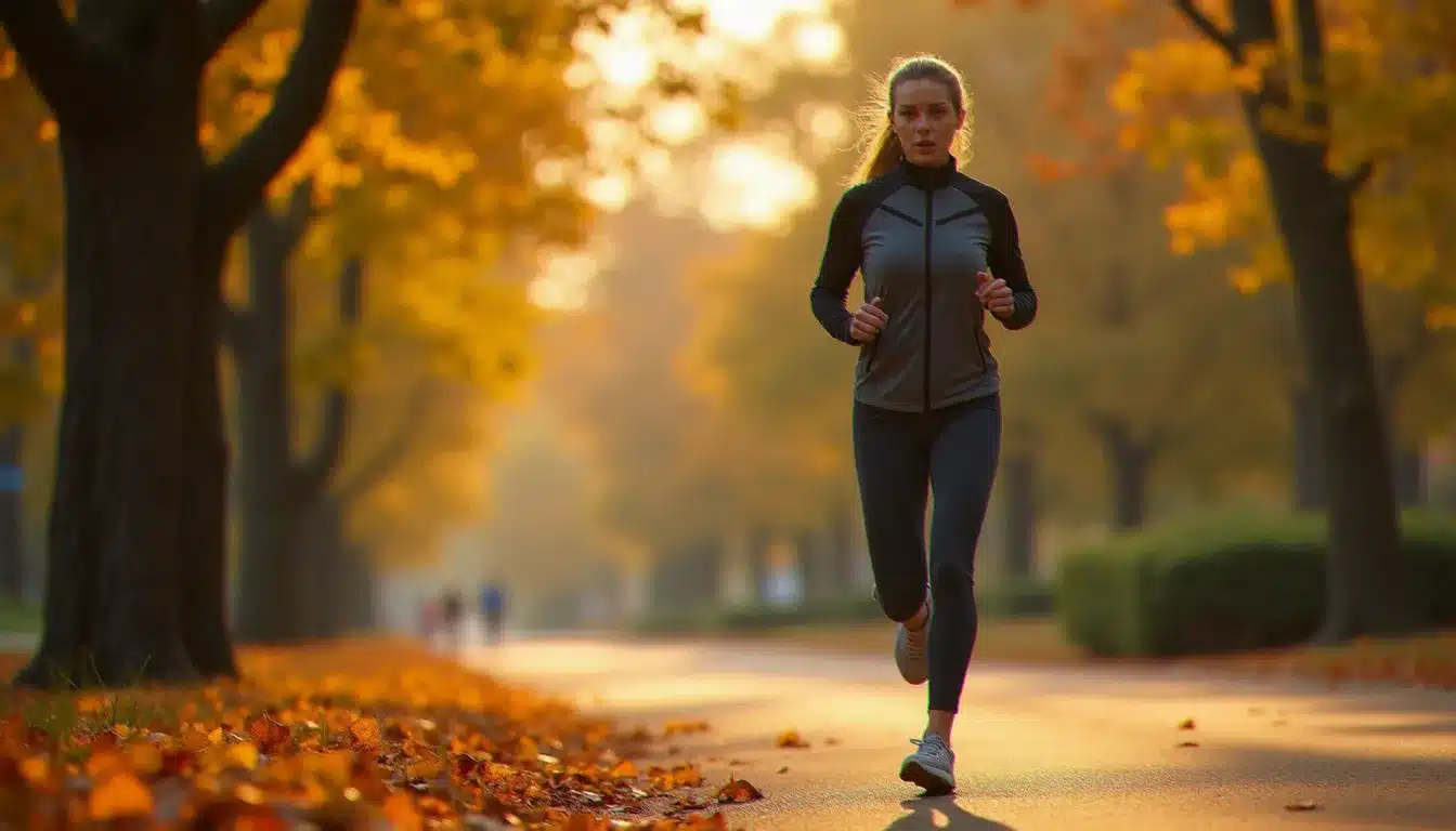 Femme active marchant énergiquement dans un parc, symbolisant la reprise d'activité physique pour retrouver vitalité et santé au quotidien