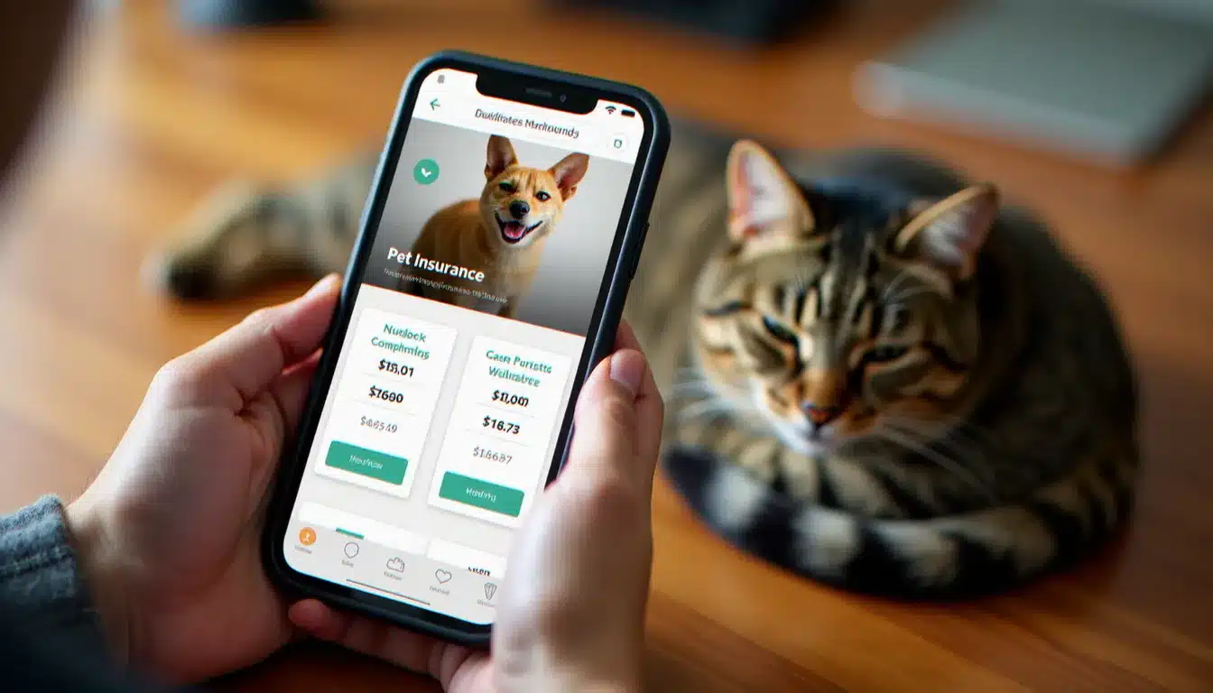 Personne consultant les tarifs d'assurance animale sur smartphone avec un chat endormi à côté, comparaison des santévet prix en ligne