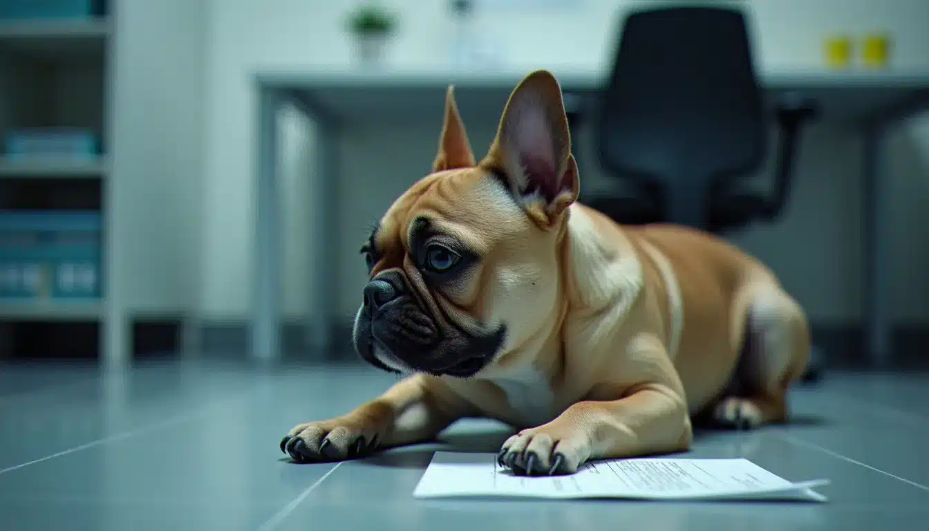 Bouledogue français avec une patte blessée en consultation vétérinaire, illustrant les frais importants couverts par une assurance santé animale