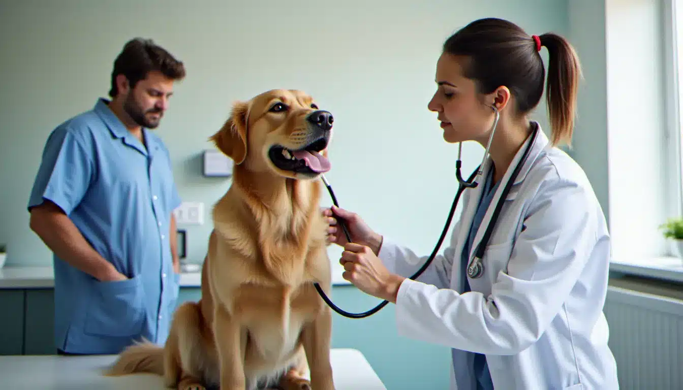Un golden retriever examiné par une vétérinaire en clinique, illustration du coût des soins vétérinaires et des santévet prix