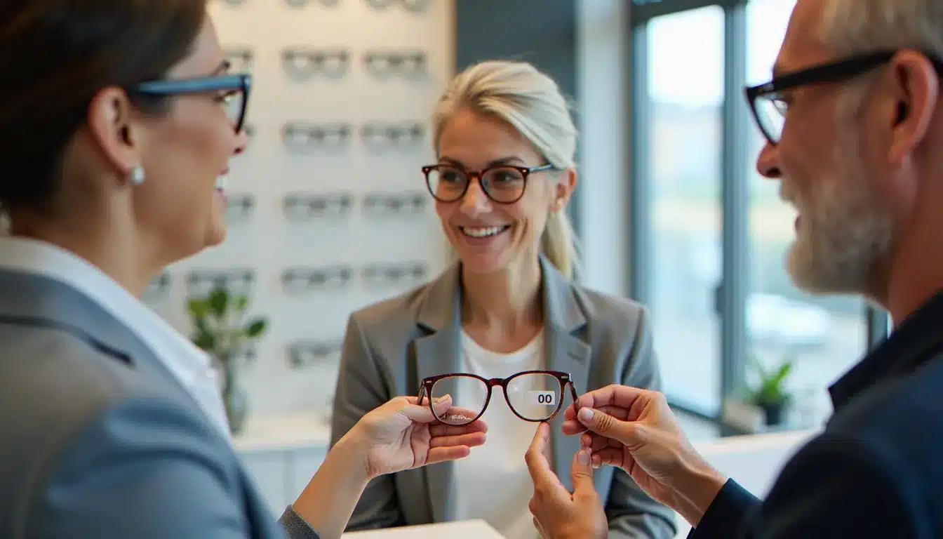 Opticien présentant des lunettes du panier 100 Santé à une cliente dans un magasin d'optique moderne