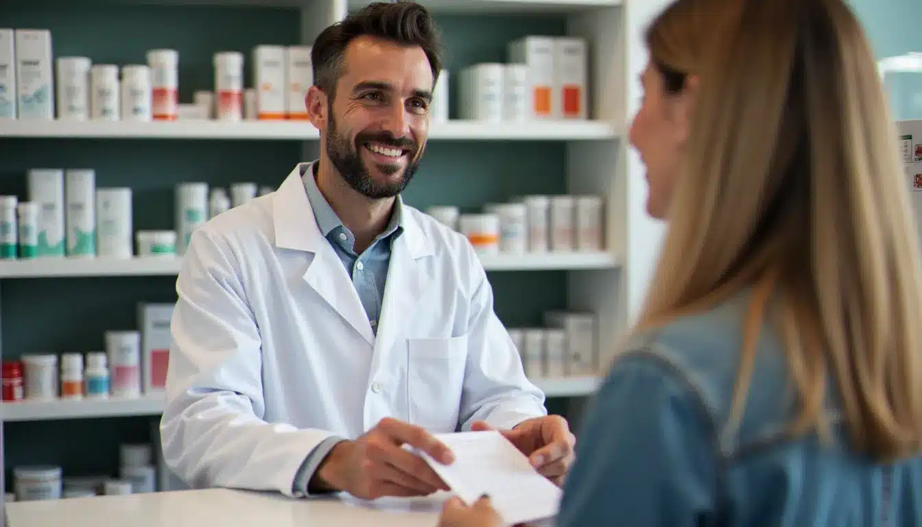 Pharmacienne remettant un document d'information sur le 100 Santé à une patiente au comptoir d'une pharmacie française