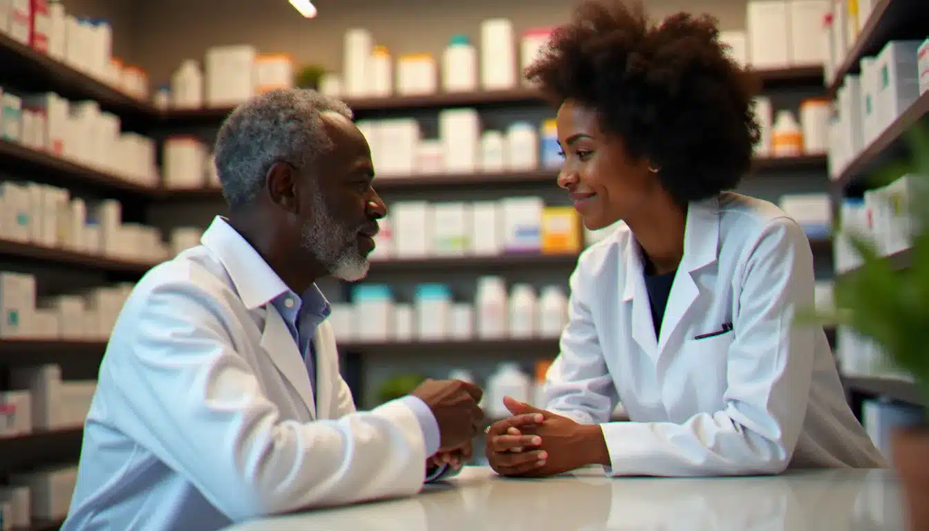 Pharmacien français en discussion attentive avec un patient, illustrant la compétence culturelle appliquée en officine dans le cadre de l'anthropologie de la santé