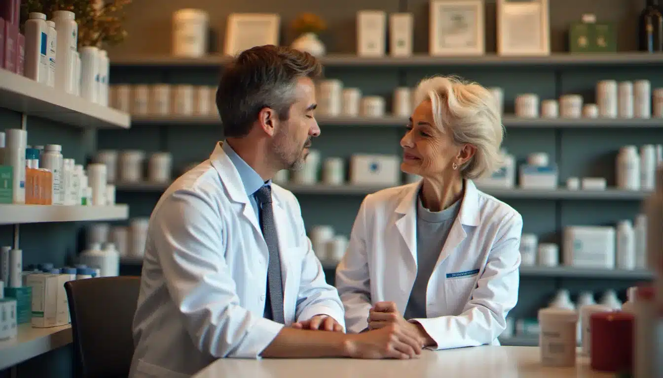 Pharmacienne conseillant une cliente en pharmacie sur les remboursements et garanties santé disponibles pour les entrepreneurs indépendants