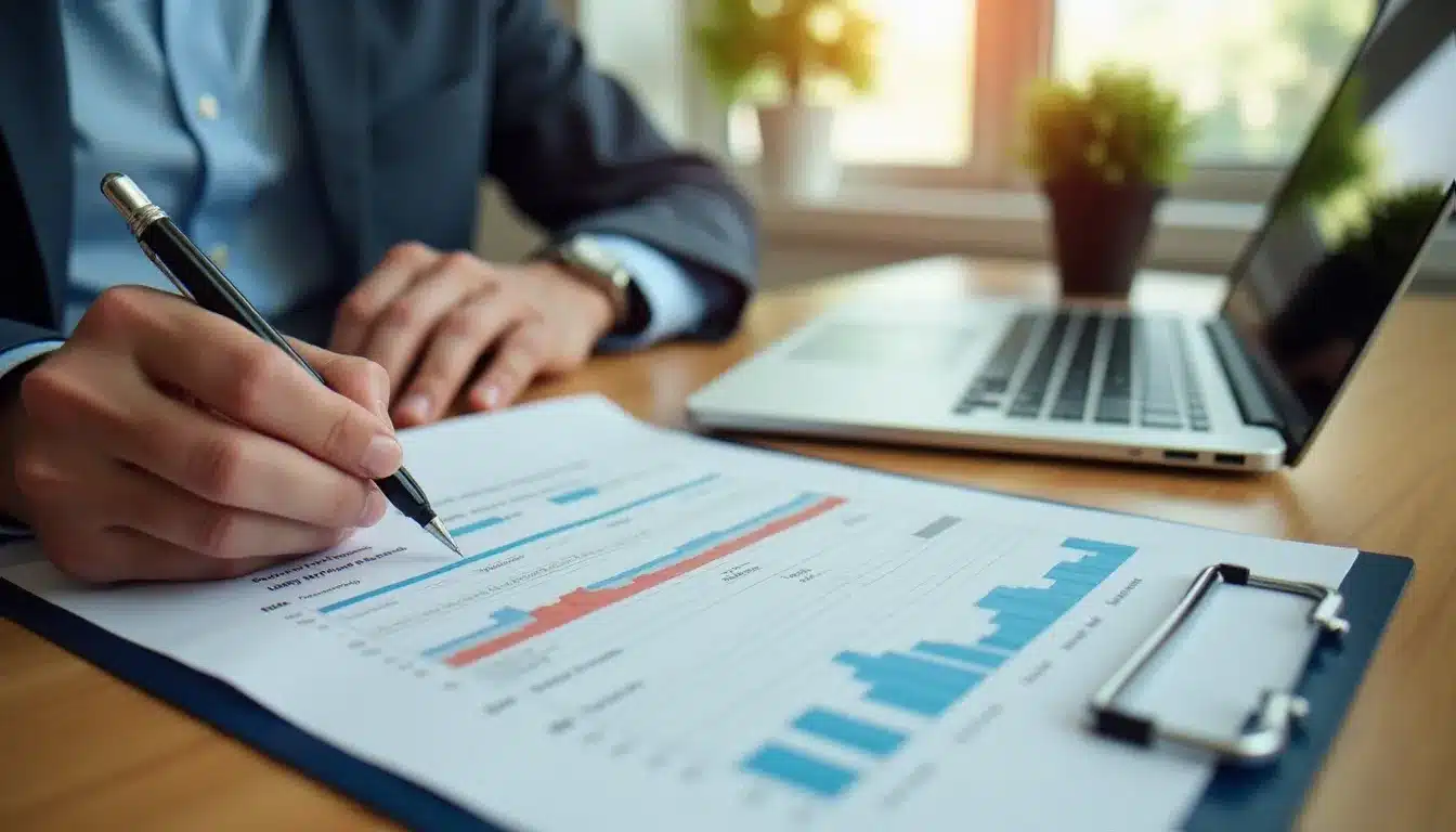 Entrepreneur indépendant comparant des contrats de prix santé entrepreneurs 2026 sur son bureau avec des documents et un ordinateur portable