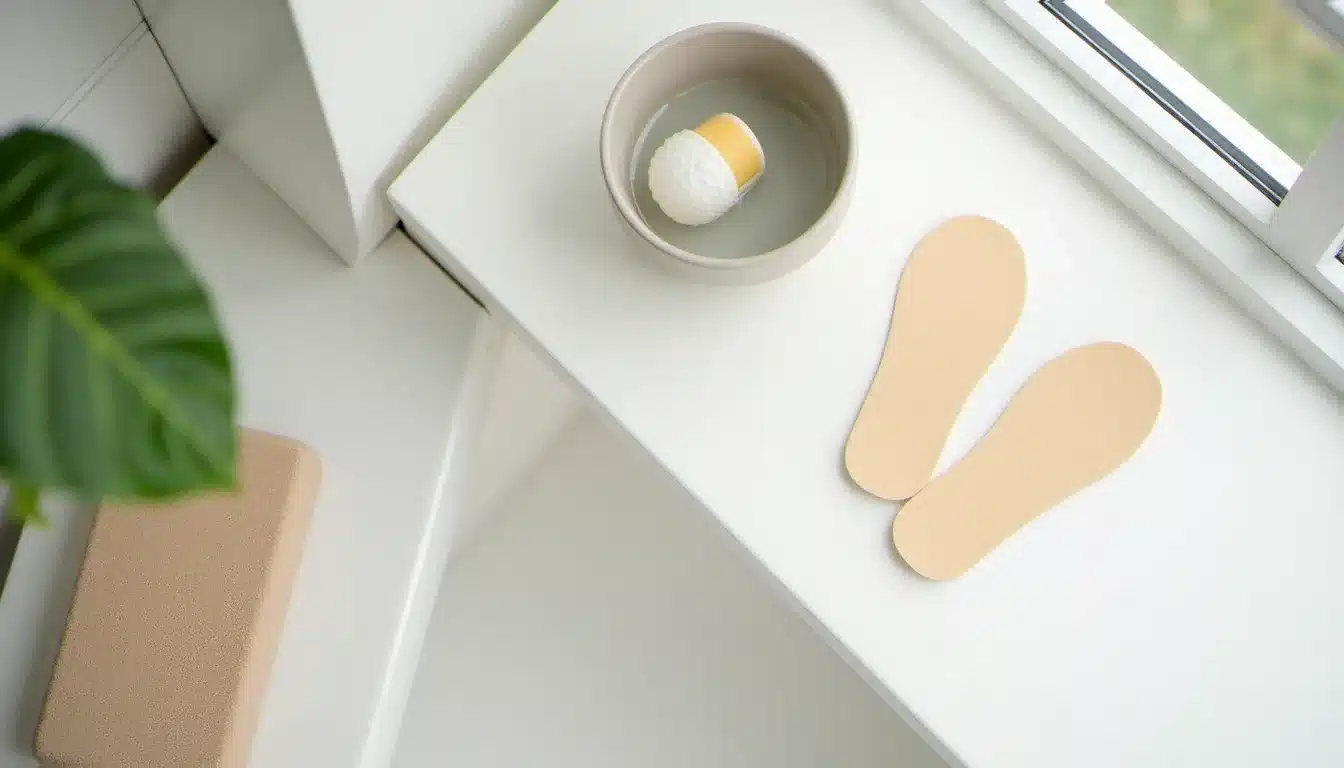 Accessoires de soin des pieds disposés sur une surface blanche : bol d'eau tiède, pierre ponce, crème et pansements pour cors, pour illustrer une routine podologique avec Docteur Joseph