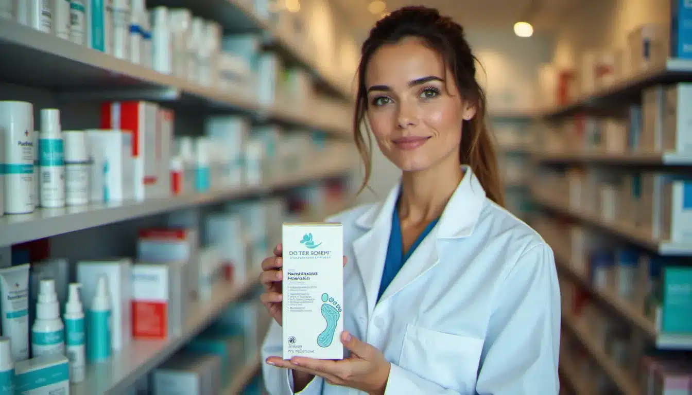 Pharmacienne tenant un produit de santé avec Docteur Joseph dans une officine lumineuse, illustrant les soins podologiques disponibles en pharmacie
