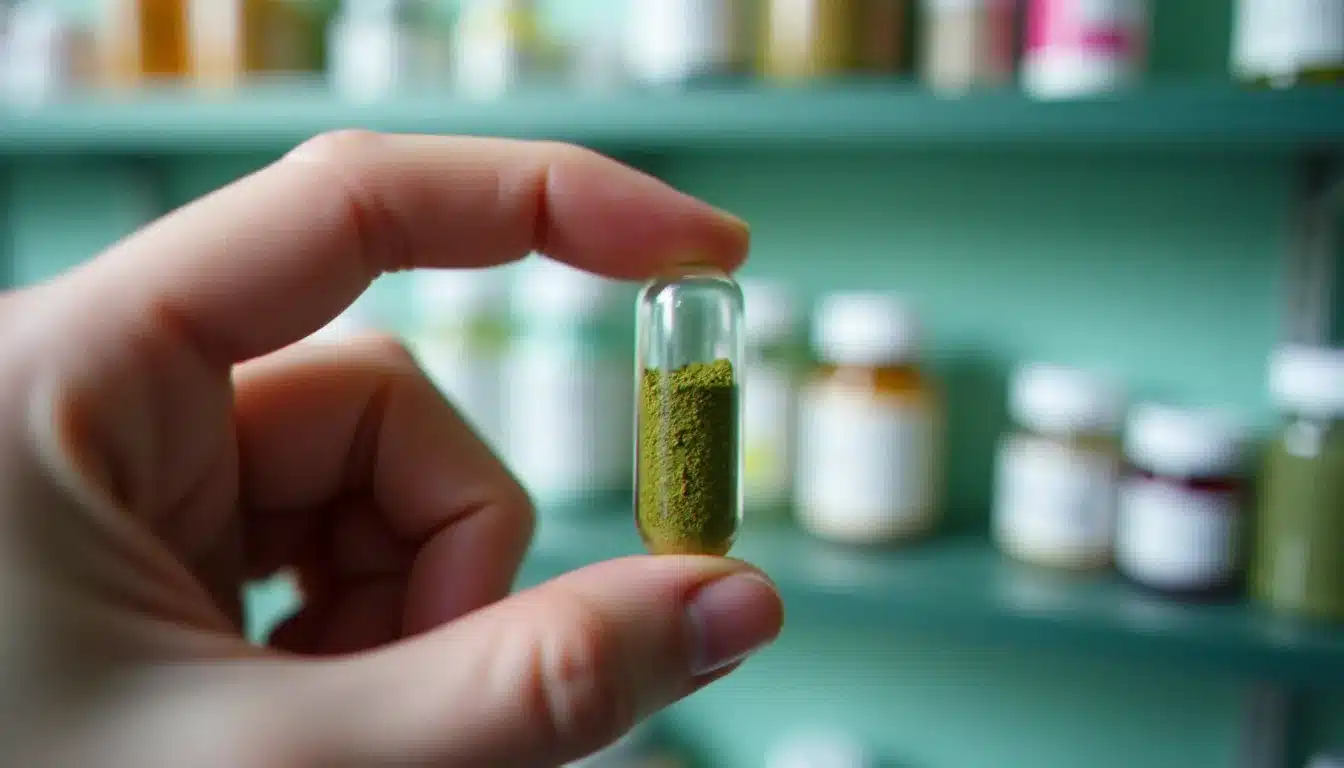 Main d'un pharmacien tenant une gélule de poudre de plante verte, avec des flacons de phytothérapie en arrière-plan sur des étagères de pharmacie