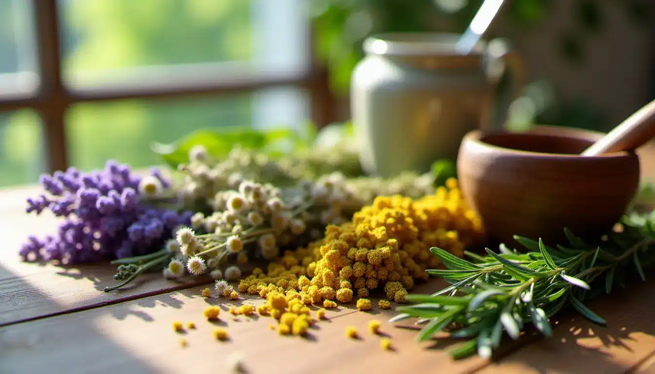 Bouquets de plantes médicinales séchées — lavande, camomille, tilleul et thym — disposés sur une table en bois avec un mortier et une tasse de tisane, illustrant la santé avec les plantes