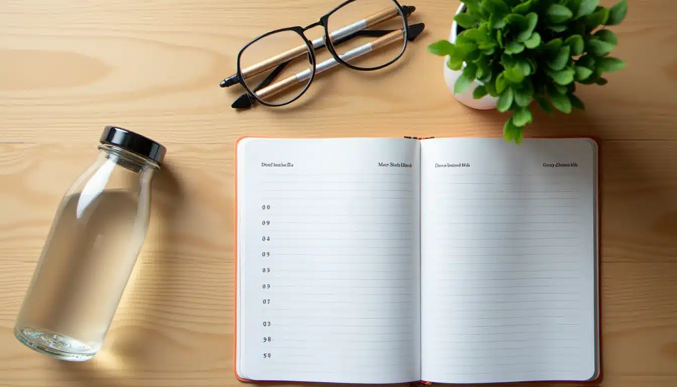 Vue de dessus d'un bureau avec une bouteille d'eau et un agenda ouvert représentant la répartition de la consommation d'eau tout au long de la journée