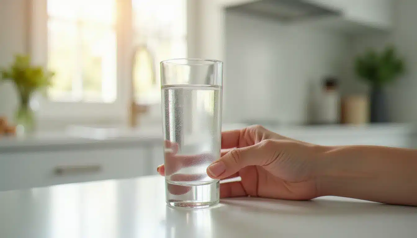 Une femme tient un verre d'eau claire dans une cuisine lumineuse, illustrant les conseils santé gouv sur comment boire de l'eau au quotidien