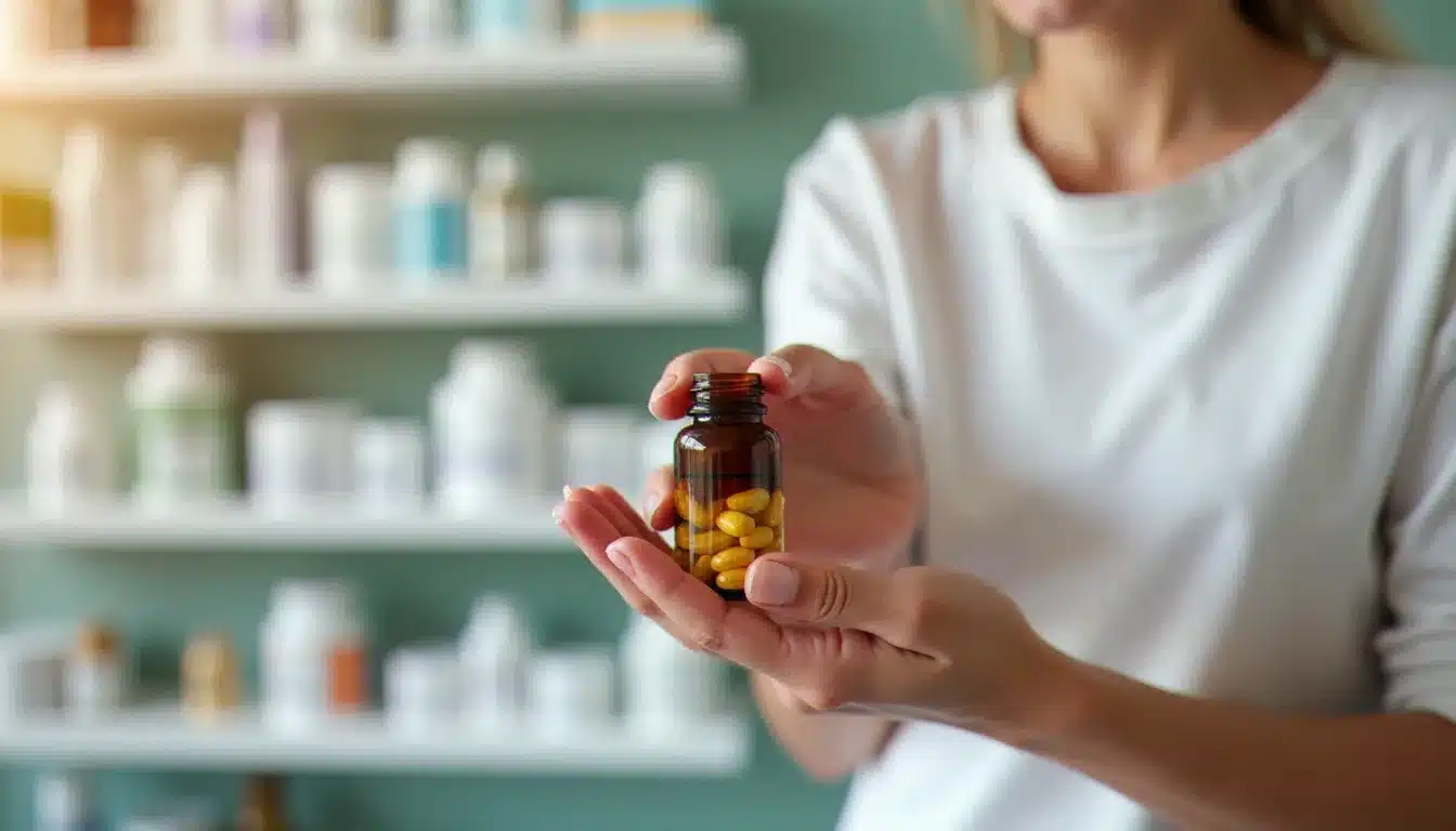Mains tenant un flacon de gélules de compléments naturels dans une pharmacie lumineuse, avec des rayonnages de produits de santé en arrière-plan