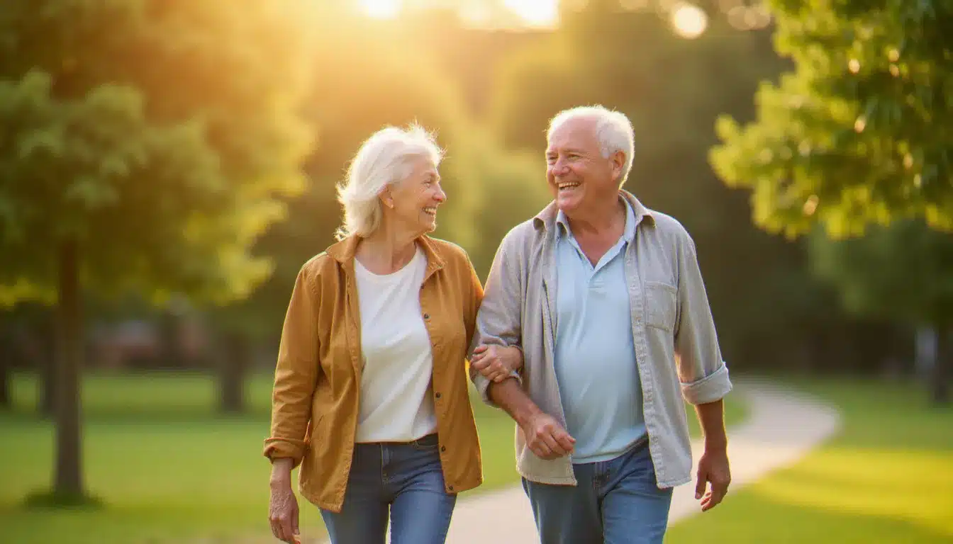Couple de seniors souriant et marchant activement dans un parc ensoleillé, illustrant le bien-être au quotidien grâce à une approche préventive de la santé