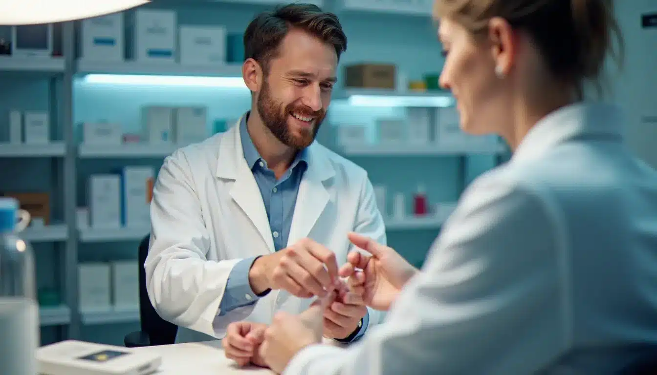 Pharmacien examinant une plaie sur l'avant-bras d'un patient lors d'un conseil de santé sans rendez-vous en officine