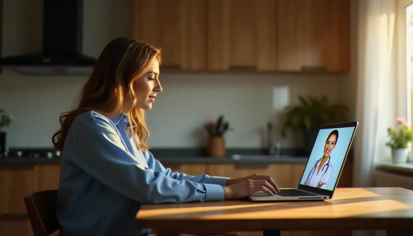 Personne réalisant une téléconsultation médicale depuis son domicile, solution de santé sans rendez-vous via ordinateur