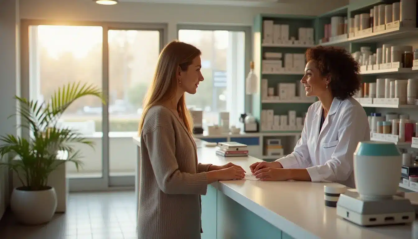 Une femme consultant un pharmacien au comptoir d'une pharmacie moderne pour obtenir des conseils santé sans rendez-vous