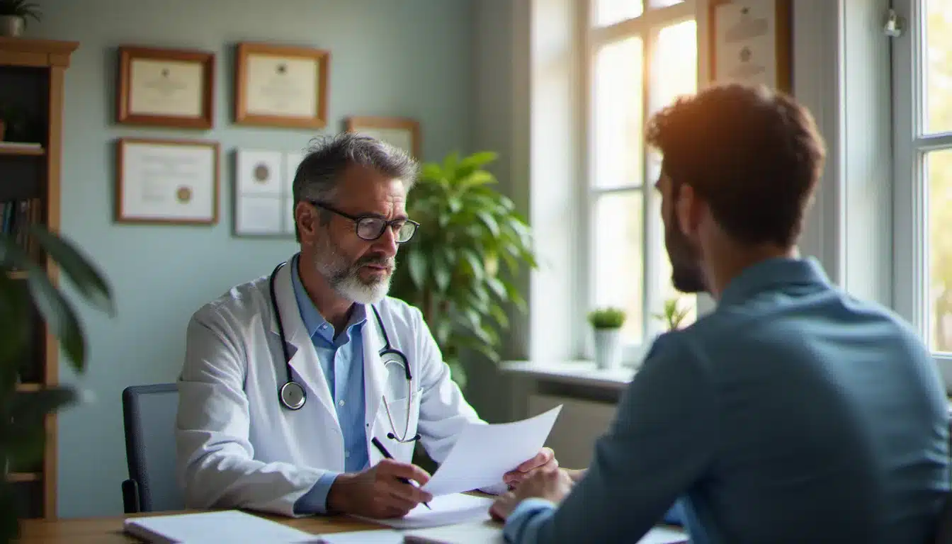 Médecin généraliste consultant un patient et rédigeant une ordonnance, symbole de la coordination au sein du système de santé français
