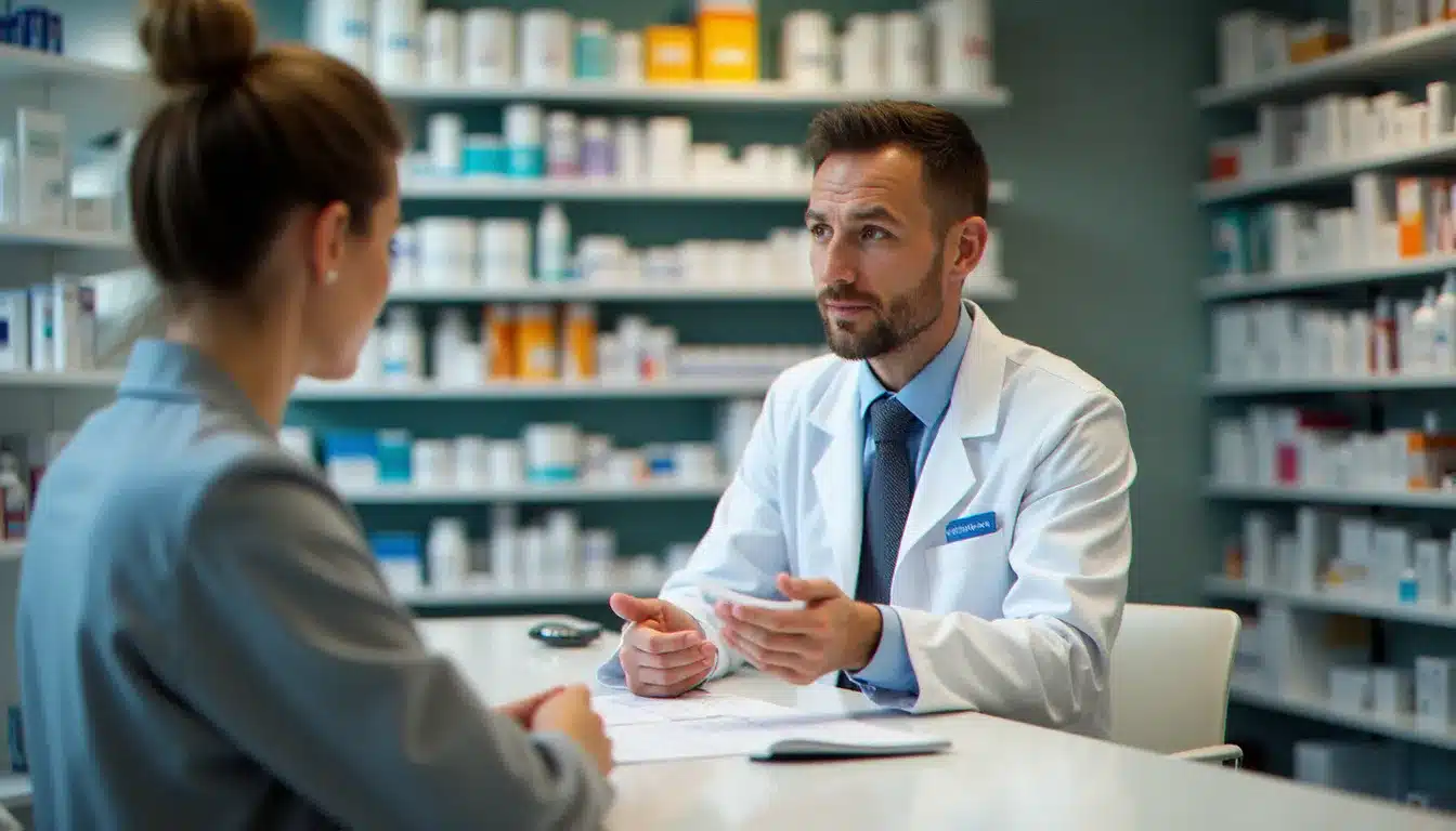 Pharmacien conseillant un patient sur le système de santé efficace dans une officine moderne et lumineuse